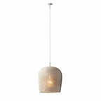Small white woven rattan bell pendant in a living room