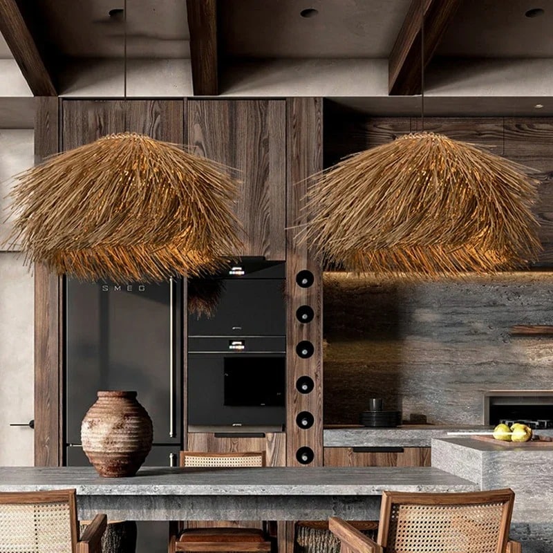 Three natural wicker fringe pendants over a dining table