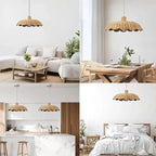 Wide low rattan pendant with wavy scalloped edge over a dining table