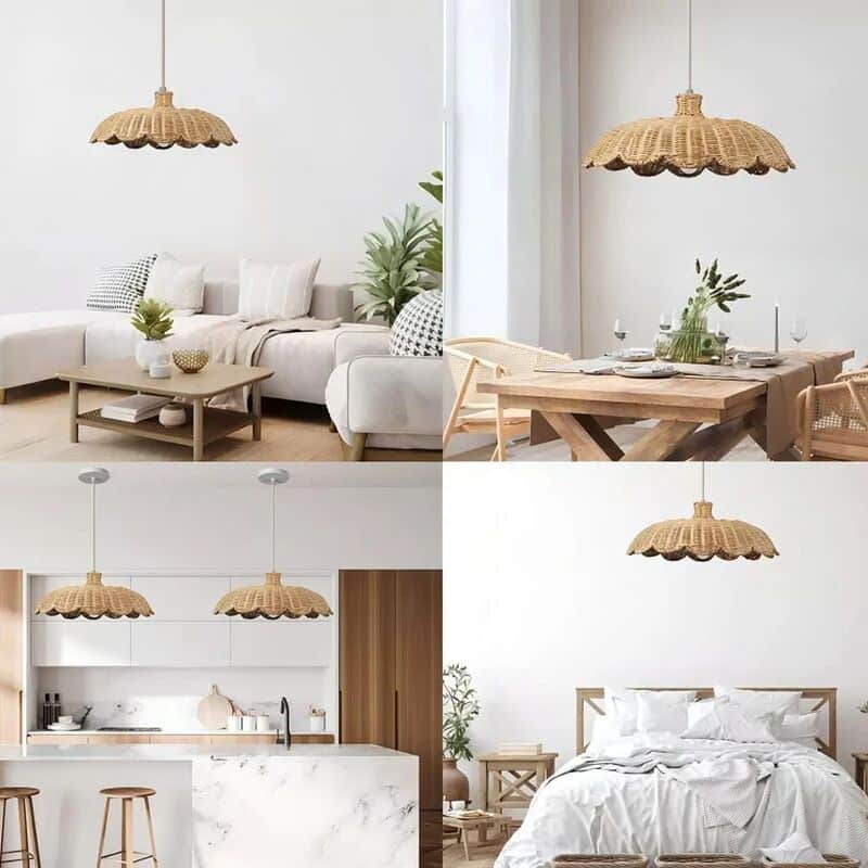 Wide low rattan pendant with wavy scalloped edge over a dining table