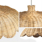 Wide low rattan pendant with wavy scalloped edge over a dining table
