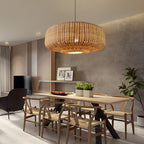 Wide low woven rattan drum pendant light