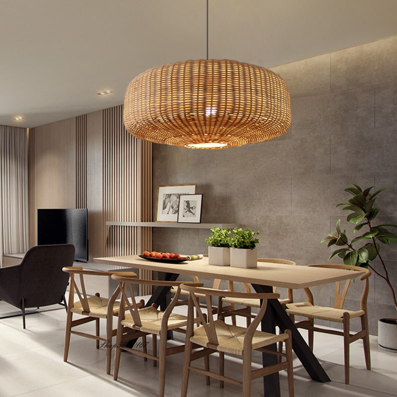 Wide low woven rattan drum pendant light