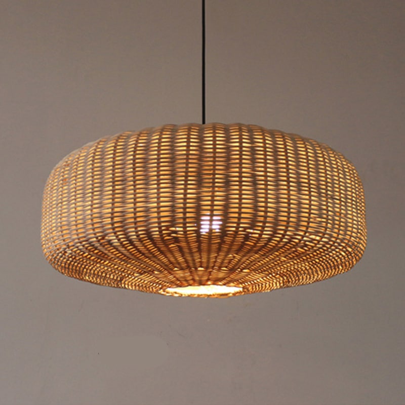 Wide low woven rattan drum pendant light