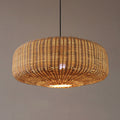 Wide low woven rattan drum pendant light