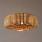Wide low woven rattan drum pendant light