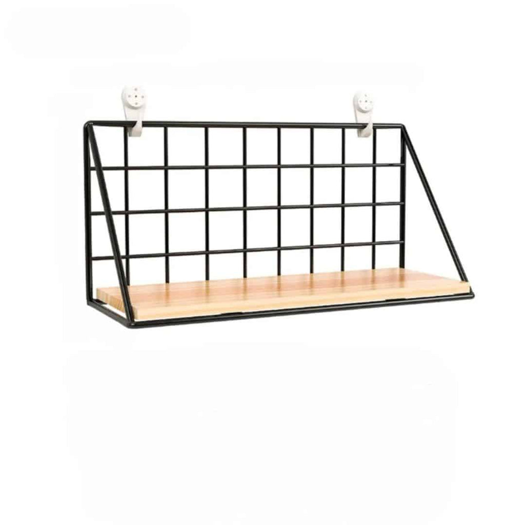 Black wire wall shelf with a light wood base