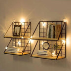Black wire wall shelf with a light wood base