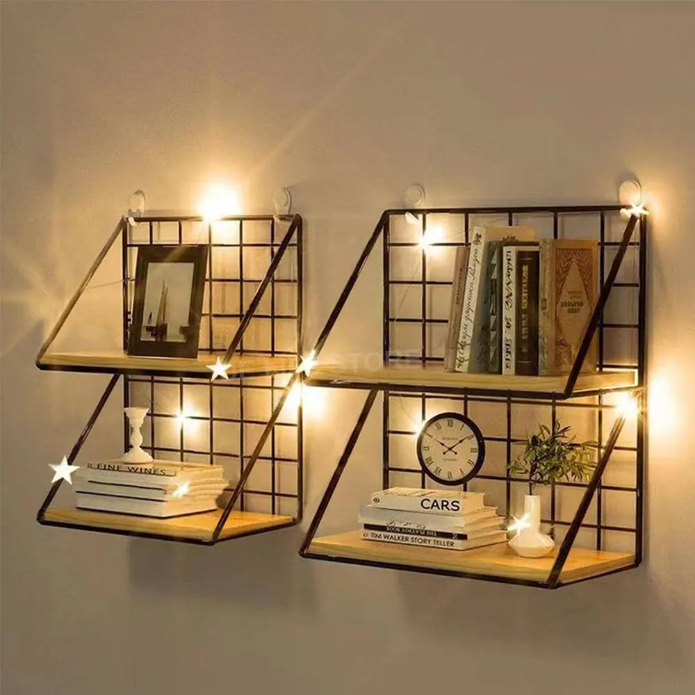 Black wire wall shelf with a light wood base