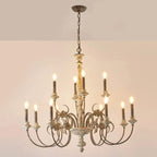 Large chandelier with a wood structure and wrought iron arms with candle style sockets