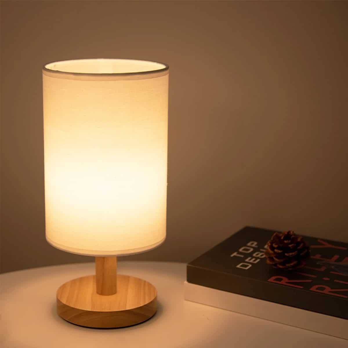Small wood and linen accent lamp powered by USB