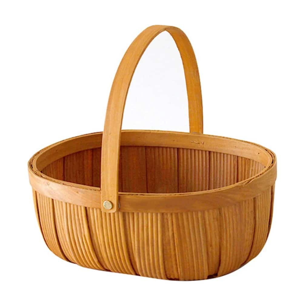 Oval woven wood chip basket with bentwood handle