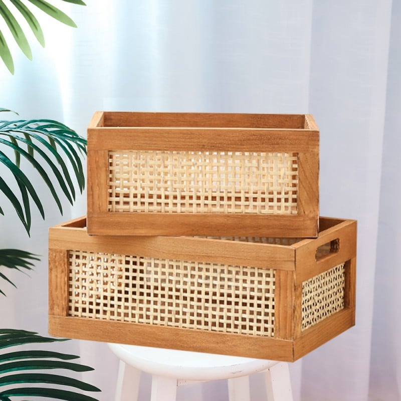 Two wood frame storage crates with woven cane panels