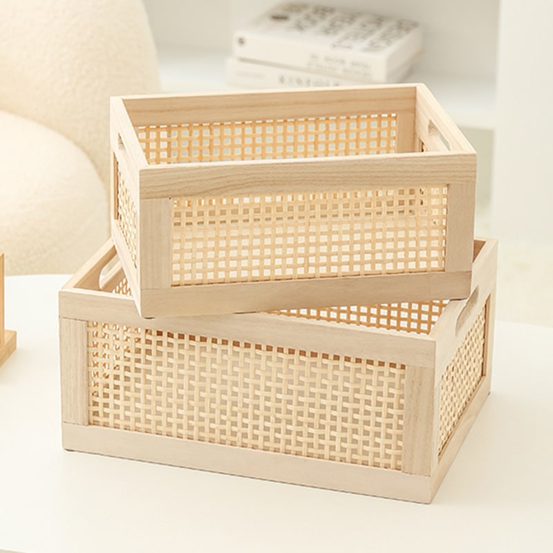 Two wood frame storage crates with woven cane panels