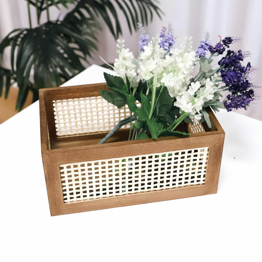 Two wood frame storage crates with woven cane panels