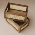 Two wood frame storage crates with woven cane panels