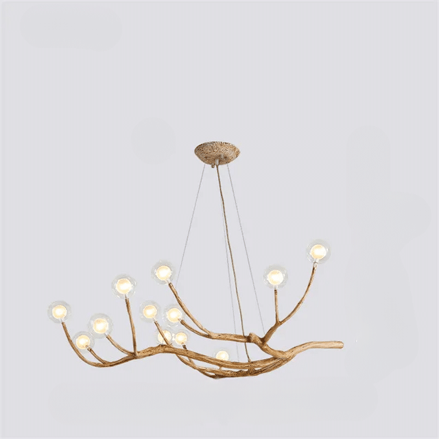 Large branch shaped chandelier with a wood look finish and multiple light points