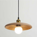Flared saucer shaped pendant chandelier with a natural wood ring