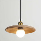 Flared saucer shaped pendant chandelier with a natural wood ring