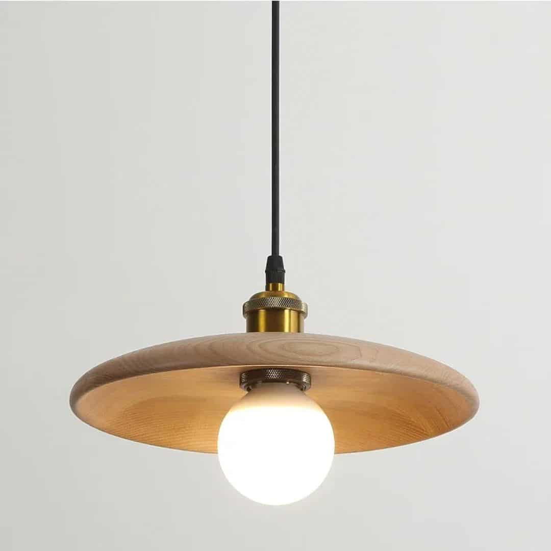 Flared saucer shaped pendant chandelier with a natural wood ring