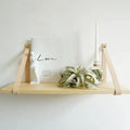 Brown wood wall shelf hung from two leather straps