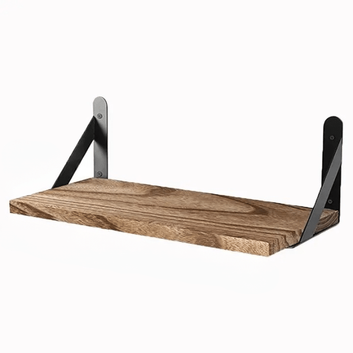 Solid wood wall shelf on a stainless steel triangle bracket