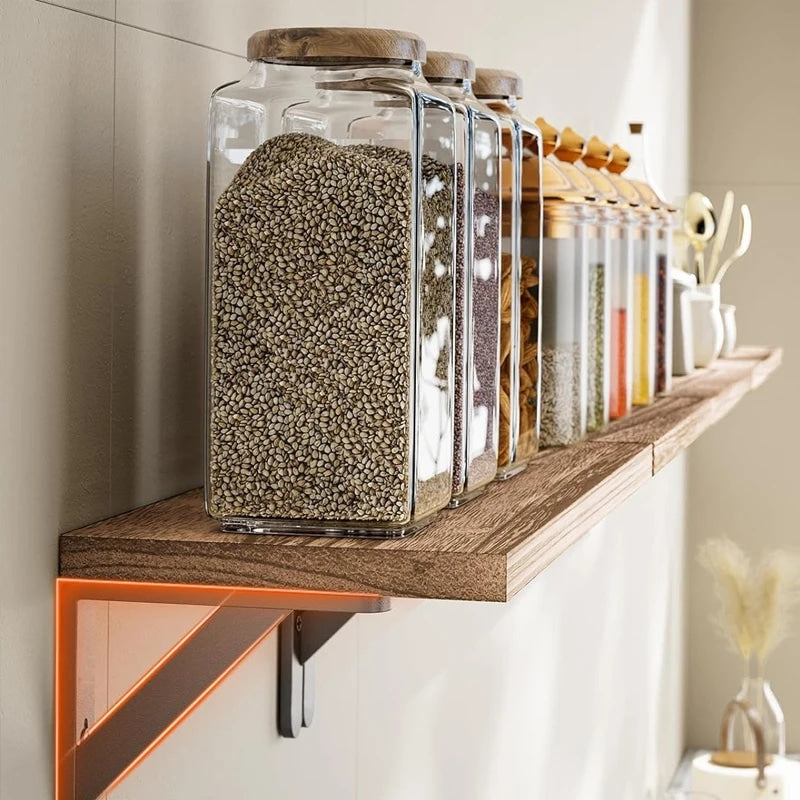 Solid wood wall shelf on a stainless steel triangle bracket