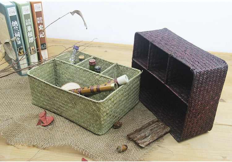 Woven rectangular organizer with four compartments holding toiletries