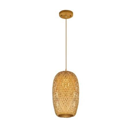 Egg shaped woven bamboo pendant with wood canopy