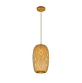 Egg shaped woven bamboo pendant with wood canopy