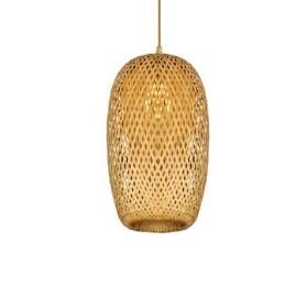 Egg shaped woven bamboo pendant with wood canopy