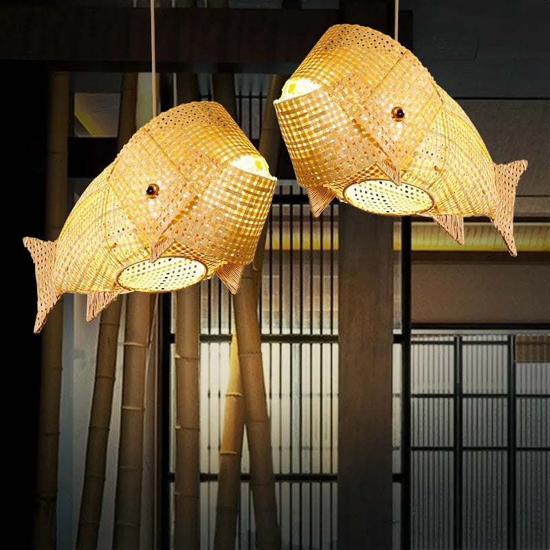 Carp fish shaped woven bamboo pendant light