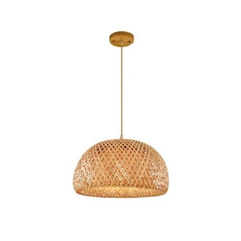 Half globe woven bamboo pendant with wood canopy