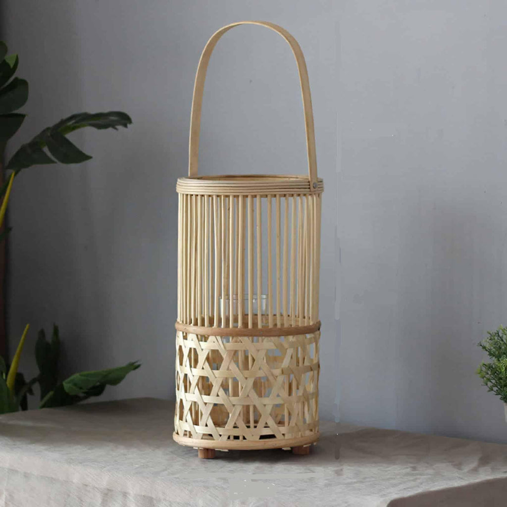 Hand woven natural bamboo lantern casting graphic patterns