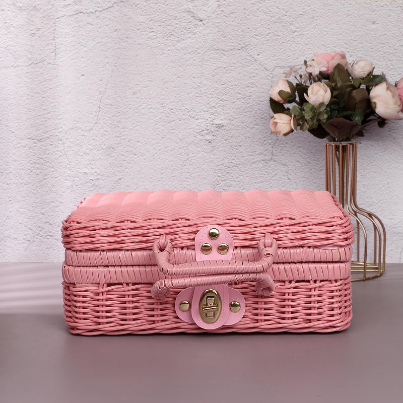 Hand woven bamboo makeup organizer box with side handles