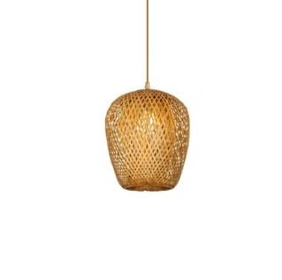 Olive shaped woven bamboo pendant with wood canopy