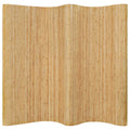 Wide room divider with woven bamboo slats in warm natural tones