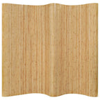 Wide room divider with woven bamboo slats in warm natural tones