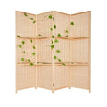 Four panel woven bamboo room divider with built in display shelves