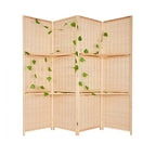 Four panel woven bamboo room divider with built in display shelves