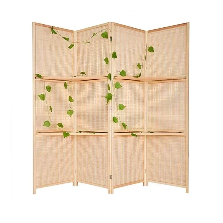 Four panel woven bamboo room divider with built in display shelves