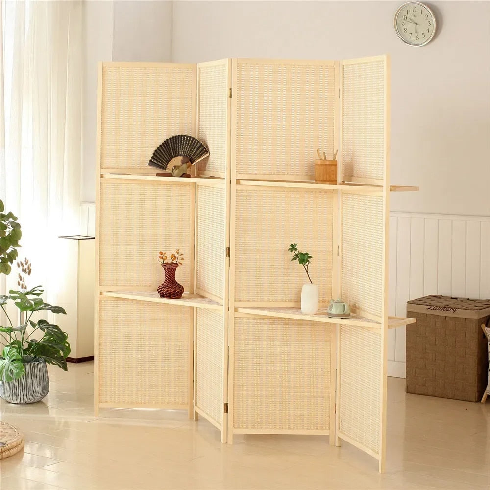 Four panel woven bamboo room divider with built in display shelves