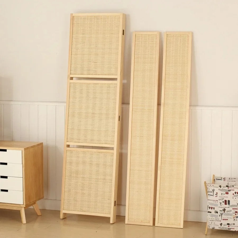 Four panel woven bamboo room divider with built in display shelves