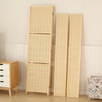 Four panel woven bamboo room divider with built in display shelves