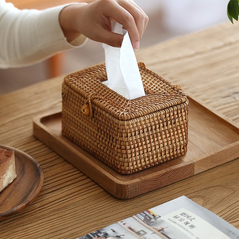Hand woven brown bamboo tissue box cover with a fitted lid