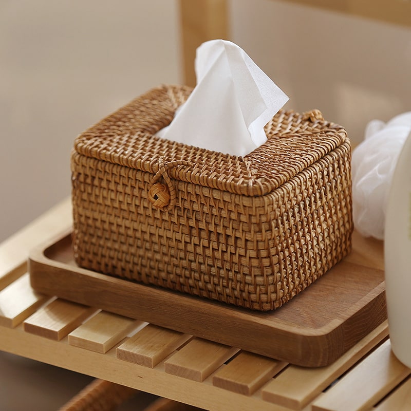 Hand woven brown bamboo tissue box cover with a fitted lid
