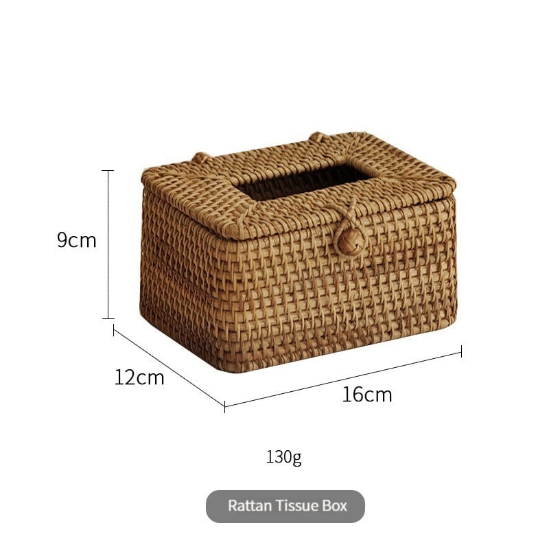 Hand woven brown bamboo tissue box cover with a fitted lid