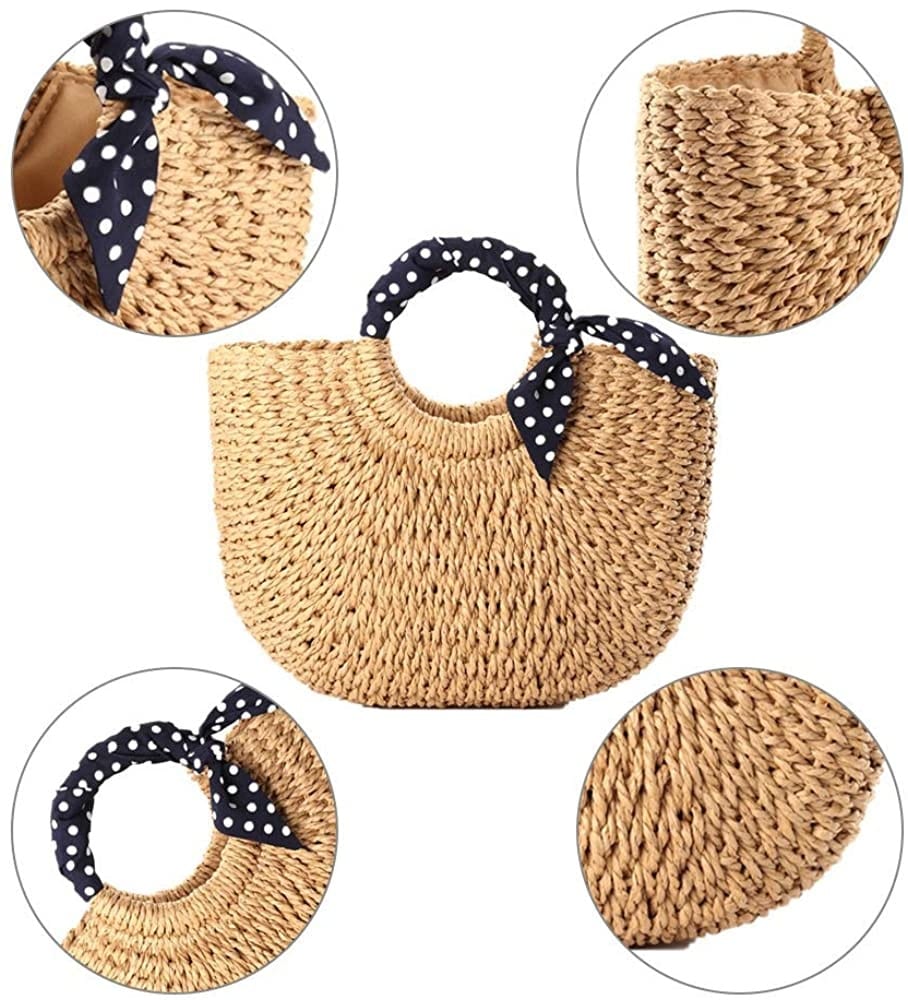 Hand woven beach bag with a knotted navy and white polka dot scarf handle