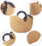 Hand woven beach bag with a knotted navy and white polka dot scarf handle
