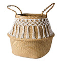 Woven belly basket with white macrame fringe and handles
